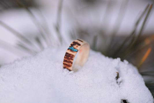 Antler Ring with Turquoise Inlay – Natural Deer Antler Band, Rustic Forest Jewelry, Handmade Ethical Ring