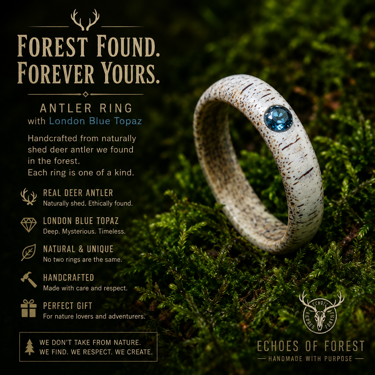 The antler ring with Blue Topaz in a gift box