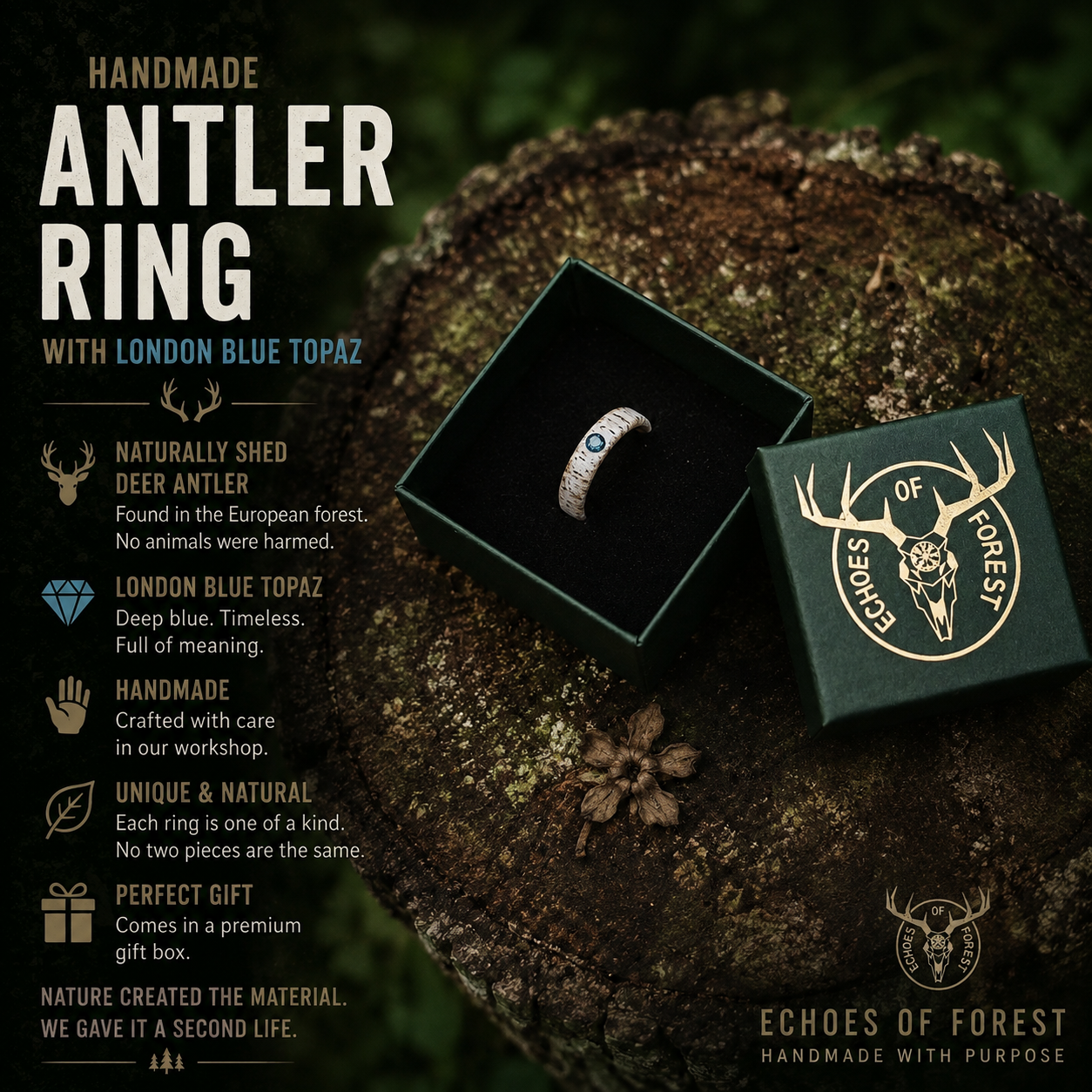 The antler ring with Blue Topaz in a gift box